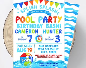 Pool Party Birthday Invitation, Splash Birthday Invite, Water Party, Siblings Brothers Sisters, Blue, DIGITAL Editable Printable 5x7 Invite