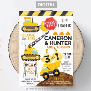 Construction Birthday Invitation Editable Siblings Twins Party Invite Two Names Ages Dump Truck Crane DIGITAL Printable Invite 5&quot; x 7&quot; CB76