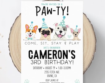 May include: A white invitation with a blue and white paw print border. The invitation says "You're invited to a Paw-ty!" with a cartoon image of four dogs wearing party hats. The text below the image says "Come, Sit, Stay & Play Let's Celebrate Cameron's 3rd Birthday!" with the date, time, address, and RSVP information.