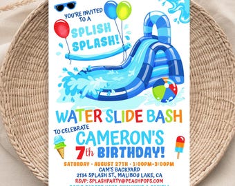 Editable Water Slide Birthday Splash Party Invitation BLUE Waterslide Bash - Boy or Girl - DIGITAL Printable Invite 5” x 7” Edit TODAY WS83