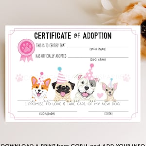 Dog Pawty Adoption Certificate EDITABLE Puppy Party Pink Birthday Favor Corgi Pug Chihuahua Puppies DIGITAL 7" x 5" Printable Template DP124