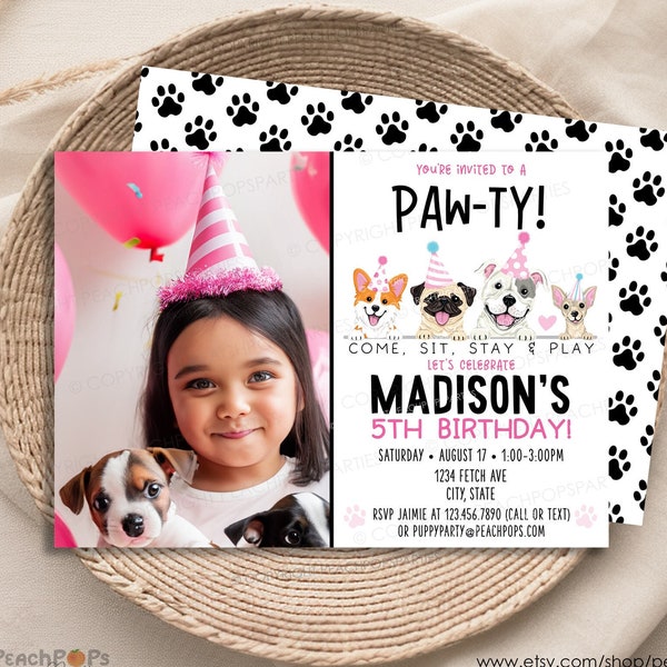 Dog Birthday Pawty Invitation EDITABLE Photo Puppy Party Invite Pink Girl Kids Dogs DIGITAL Printable 7x5 Corjl Template Edit Today DP124