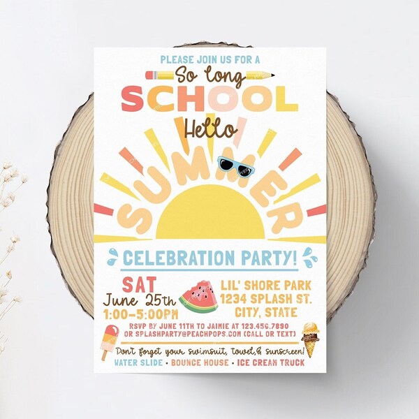 End of School Party Invitation, Hello Summer, School’s Out, Boho, Sun, Bounce, Water Slide DIGITAL EDITABLE Invite 5” x 7” Edit Today!