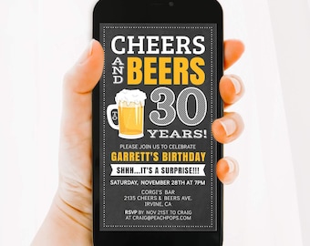 Cheers and Beers Surprise Birthday, TEXT Invitation, 30th, Any Age, DIGITAL EDITABLE Electronic Smartphone Invite, Edit, Text or Email Today
