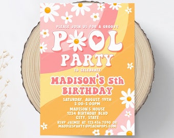 Editable Retro Pool Party Invitation Daisy Boho Invite Summer Birthday Invite Groovy 70s Hippie Invite Pink Orange DIGITAL Editable GV145