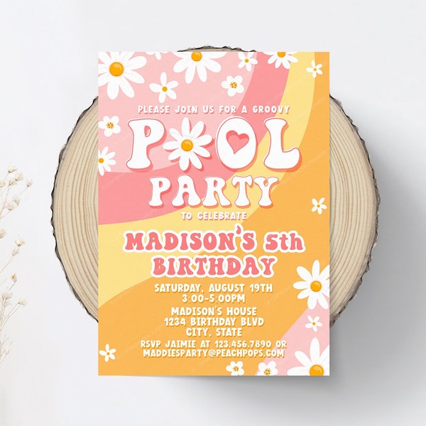 Editable Retro Pool Party Invitation Daisy Boho Invite Summer Birthday Invite Groovy 70s Hippie Invite Pink Orange DIGITAL Editable GV145