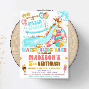 Editable Water Slide Birthday Invitation Groovy Waterslide Invite Splash Party Boho 70s Bash Daisies DIGITAL Printable 5" x 7" - Edit TODAY!