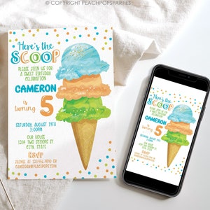 Ice Cream Birthday Invitation Editable Heres the Scoop Summer Party Invite Blue Orange Mint 1st 2nd 3rd 5th 7th DIGITAL 5x7 Editable BP183