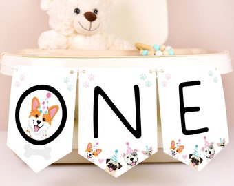 Puppy Dog Pawty Highchair Banner, EDITABLE 1st Birthday Garland, DIGITAL Printable One Party Bunting Dogs Chair Decor Corjl Template DP289