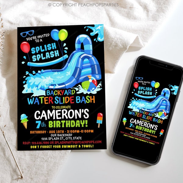 Waterslide Birthday Invitation Boy or Girl Splash Party Invite BLUE Water Slide Bash, DIGITAL Editable Printable Invite 5x7 Edit TODAY WS163