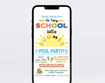 Peut inclure: Une invitation numérique pour une fête à la piscine « Au revoir l'école, bonjour l'été ! ». L'invitation représente un soleil coloré avec des lunettes de soleil, une piscine et des cornets de glace. La fête a lieu le samedi 29 juin de 13 h 00 à 17 h 00 au Lil' Shore Park, 2135 Splash St., Irvine, CA. Veuillez confirmer votre présence avant le 21 juin auprès de Jamie à l'adresse splashparty@peachpops.com. L'invitation comprend également une liste d'activités : toboggan aquatique, château gonflable et camion de crème glacée.