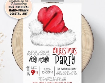 Editable Christmas Party Invitation Holiday Dinner Invite Annual Block Party Hand Drawn DIGITAL Printable Santa Hat 5x7 Edit Today HO246