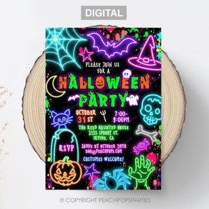 Neon Halloween Party Invitation, Editable Spooky Costume Party Invite, Glow Party, Modern Birthday, DIGITAL 5x7 Printable Invite Edit Today!