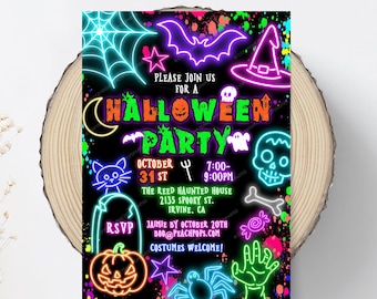 Neon Halloween Party Invitation, Editable Spooky Costume Party Invite, Glow Party, Modern Birthday, DIGITAL 5x7 Printable Invite Edit Today!