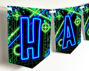 May include: Neon green and blue "Happy" banner with a black background and a grid pattern. Each letter is outlined in blue and has a neon glow effect.