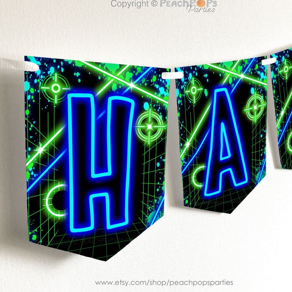 Neon Laser Tag Party Banner, EDITABLE Happy Birthday Flag Banners, ANY Age, Neon Blue Green Glow Banner, DIGITAL Printable Party Decor LT247
