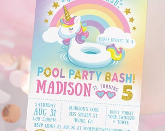 May include: A rectangular invitation card featuring a pastel rainbow background with a unicorn floatie, gold stars, and the text SPLISH SPLASH, YOU'RE INVITED TO A POOL PARTY BASH, MADISON IS TURNING 5, AUG 31, 5:00-5:00PM, MADISON'S POOL, 2155 SPLASH ST, IRVINE, CA.