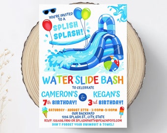 Editable Water Slide Birthday Splash Party Invitation BLUE Waterslide Bash Two Names Ages  Sibling Twins DIGITAL Printable 5x7 Invite WS83