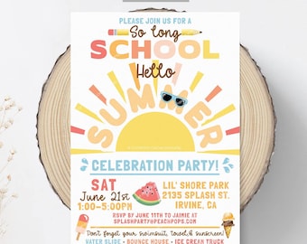 End of School Party Invitation, Hello Summer, School’s Out, Boho, Sun, Bounce, Water Slide DIGITAL EDITABLE Invite 5” x 7” Edit Today!