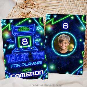 Bearbeitbare Neon Arcade Dankeskarte Geburtstagsnotiz Glow Gamer Party Danke Blau Grün Junge Mädchen DIGITAL druckbare 5x7 Corjl Vorlage DMK274
