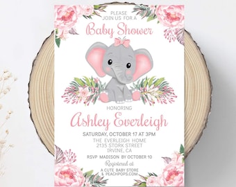 Elefant-Babyparty-Einladung, rosa, Mädchen-Dschungelblumen Blumensafari, DIGITAL druckbare einladen 5 "x 7" selbst bearbeitbar, bearbeiten heute!