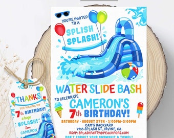 May include: A colorful invitation for a 7th birthday party with a water slide theme. The invitation features a cartoon water slide, a beach ball, and ice cream cones. The text reads "You're invited to a Splish Splash! Water Slide Bash to celebrate Cameron's 7th Birthday!"