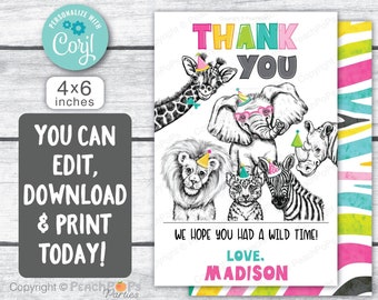Editable Thank You Card Safari Party Animals Thank You Note Wild Zoo 1st 3rd Birthday Thanks DIGITAL Printable 4”x6&quot; Card Edit Today SA132