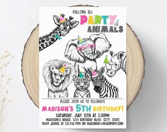 Editable Party Animals Birthday Invitation, Safari Wild Animals, Zoo, Boy, Girl, DIGITAL Printable Invite 5” x 7”  - Edit today! SA132