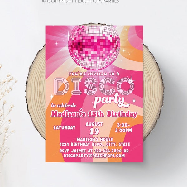 Editable Disco Birthday Party Invitation Groovy Retro 70s Adults Kids Teen Party Invite Any Age Hippie Disco Ball DIGITAL Editable Invite