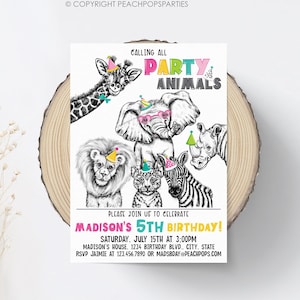 Editable Party Animals Birthday Invitation, Safari Wild Animals, Zoo, Boy, Girl, DIGITAL Printable Invite 5” x 7”  - Edit today! SA132