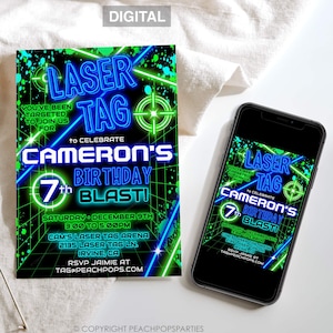 Invito di compleanno modificabile per Laser Tag, invito per Laser Tag al neon, festa Laser Tag luminosa, blu-verde, invito stampabile DIGITALE 5x7 per ragazzo e ragazza LT247