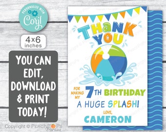 Editable Thank You Card Splish Splash Thank You Note Pool Beach Party Water Slide Birthday Thanks DIGITAL Printable 4x6 Card Edit Today SS81