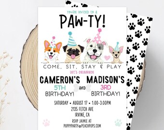Pawty verjaardag BEWERKBARE puppy hond uitnodiging jongen meisje kinderen broers en zussen tweeling blauw roze verjaardag digitale afdrukbare 5 x 7 uitnodigen DP124 DP188 DP289