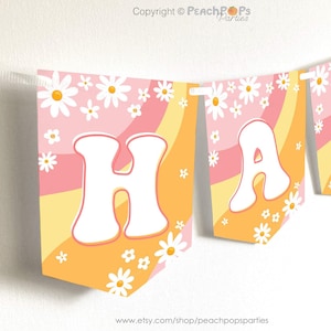 Bewerkbare groovy verjaardag banner Happy Birthday vlag banner retro roze oranje Boho madeliefjes Garland ANYAge DIGITAL afdrukbare Party Decor GV143