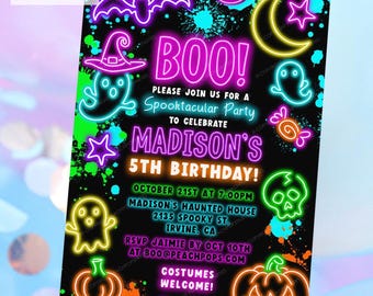 May include: A digital Halloween birthday invitation featuring neon-style graphics of ghosts, pumpkins, a bat, a moon, and stars on a black background with colorful paint splatters. The text reads BOO! PLEASE JOIN US FOR A SPOOKTACULAR PARTY.