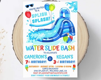 May include: A digital invitation for a water slide bash to celebrate Cameron's 7th birthday and Kegan's 3rd birthday. The invitation features a cartoon water slide, colorful balloons, and ice cream cones. The event will be held on Saturday, August 27th from 1:00 PM to 3:00 PM at Cam's backyard, 2134 Splash St., Malibu Lake, CA. RSVP: splashparty@peachpops.com. Don't forget your swimsuit and towel!