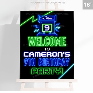 Neon Arcade Birthday Welcome Sign DIGITAL Editable Game Printable 16x20 18x24 8x10 Party DMK274
