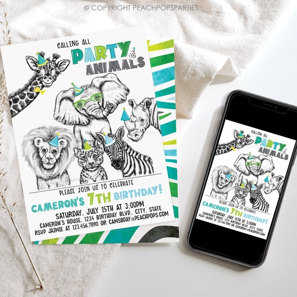 Editable Party Animals Birthday Invitation, Safari Wild Animals, Blue, Green, Zoo, Boy, Girl, DIGITAL Printable Invite 5x7  Edit Today SA186