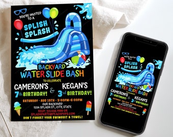 Editable Waterslide Birthday Invitation Boys Girls Water Slide Splash Bash Party Invite Two Names BLUE DIGITAL Editable Printable 5x7 WS163