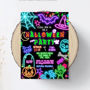 Neon Halloween Party Invitation, Editable Spooky Costume Party Invite, Glow Party, Modern Birthday, DIGITAL 5x7 Printable Invite Edit Today!