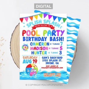 Editable Pool Party Birthday Invitation 3 Names Splash Birthday Invite Water Party Siblings Triplets DIGITAL Printable 5&quot;x7&quot; Invite SP167