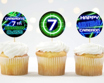 Cupcake Toppers Laser Tag Birthday Toppers EDITABLE Neon Glow Party Favor Circle Topper Blue Green DIGITAL Printable 2” Round Toppers LT247