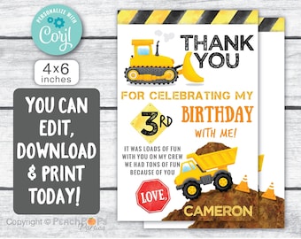 Construction Thank You Card - Editable - ANY Age - Dump Truck - DIGITAL Printable Self EDITABLE  4” x 6” Card - You Edit Today! CB76