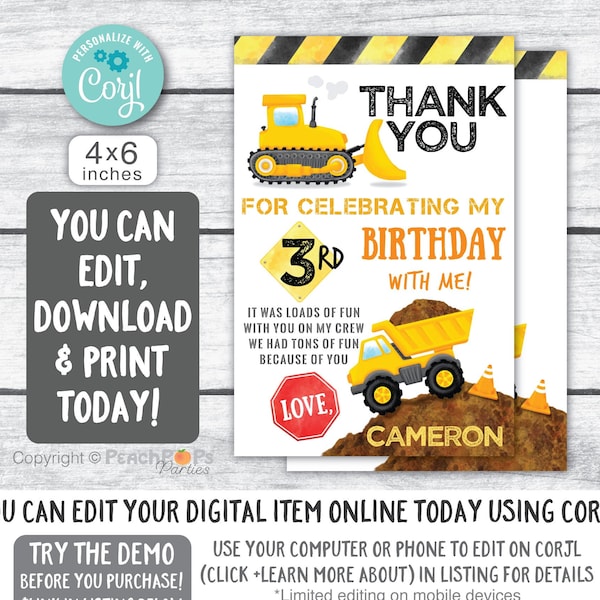 Construction Thank You Card - Editable - ANY Age - Dump Truck - DIGITAL Printable Self EDITABLE  4” x 6” Card - You Edit Today! CB76