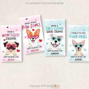 May include: Four Valentine's Day cards featuring cartoon dogs wearing heart-shaped sunglasses. Each card has a different dog breed and a different message. The messages are "You're a Wooftastic Friend!", "You're Totally Paw-Zome!", "You're a Dog-Gone Great Friend!", and "I Totally Dig You, Furr-Real!"