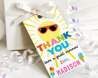 May include: A colorful thank you tag with a smiling sun wearing sunglasses. The text reads "Thank You Have a great summer! Love, MADISON".