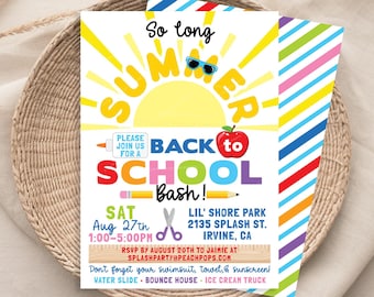 Back to School Party Invitation, So Long Summer Bash, End of Summer Party, DIGITAL Printable EDITABLE Invite 5” x 7” - Edit TODAY!