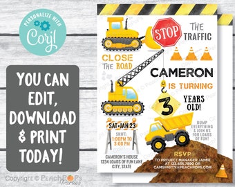 Construction Birthday Invitation - Editable ANY Age - Party - Dump Truck - Crane - DIGITAL Printable Invite 5” x 7” - Edit TODAY! CB76