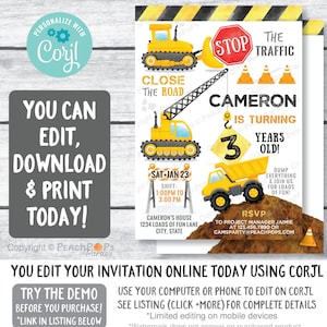 Construction Birthday Invitation - Editable ANY Age - Party - Dump Truck - Crane - DIGITAL Printable Invite 5” x 7” - Edit TODAY! CB76