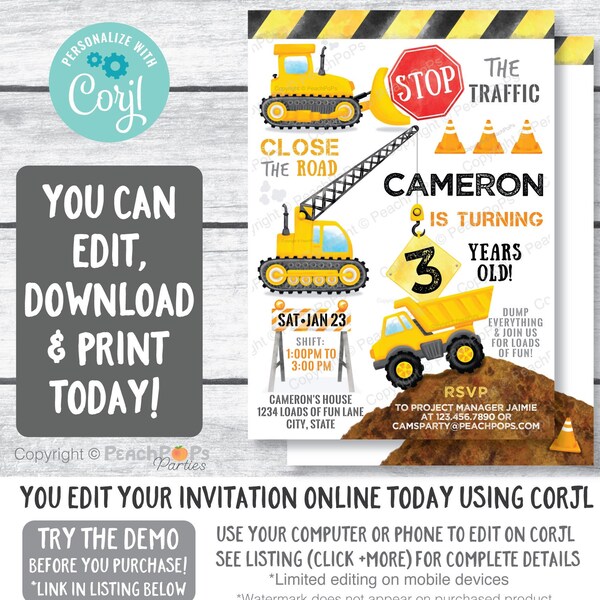 Construction Birthday Invitation - Editable ANY Age - Party - Dump Truck - Crane - DIGITAL Printable Invite 5” x 7” - Edit TODAY! CB76